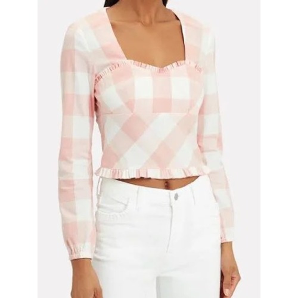 Intermix Gingham Plaid Top Womens 2 Pink White Ruffle Long Sleeve Preppy *Read